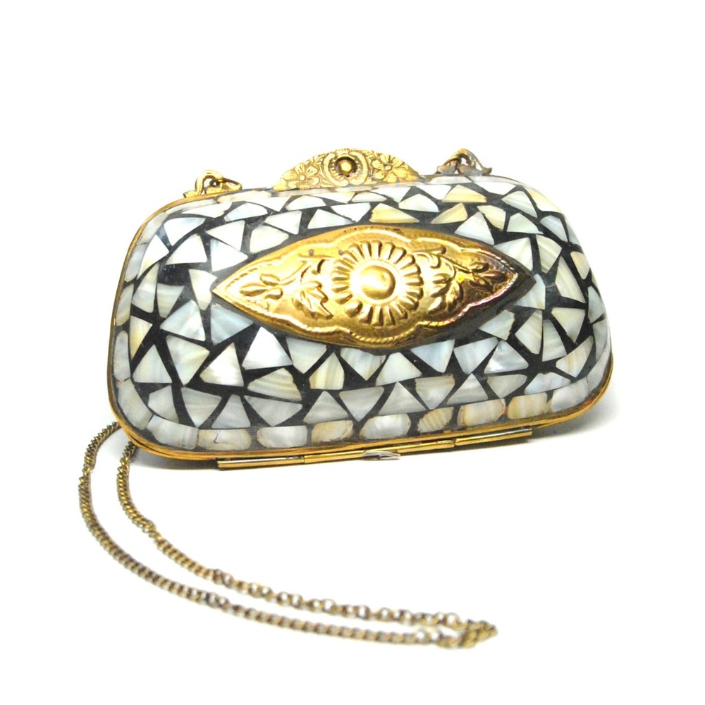Free people hinged metal bag purse eye brass shell cocktail evening purse boho